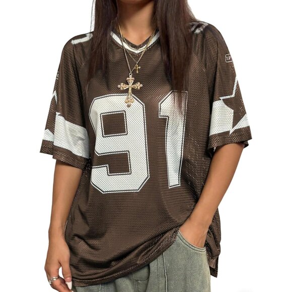 Tops - Women's Graphic Football Jersey Top V Neck Short Sleeve Loose Streetwear